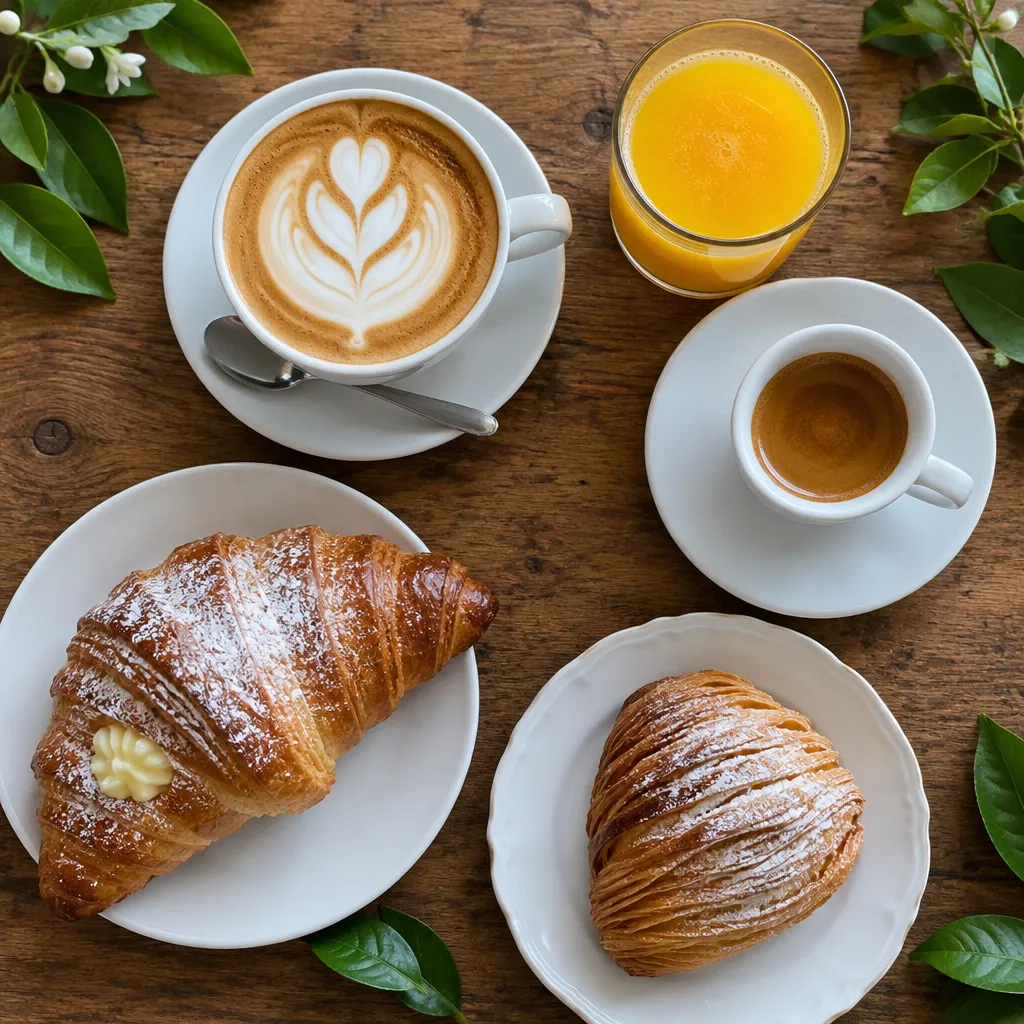Cappuccino, caffè, spremuta e cornetti